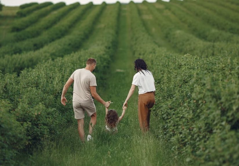 Happy family walking together through a lush green field enjoying nature and togetherness.